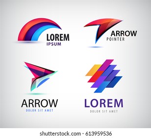 Vector set of abstract 3d colorful logos. Arrows, rainbow, geometric logo