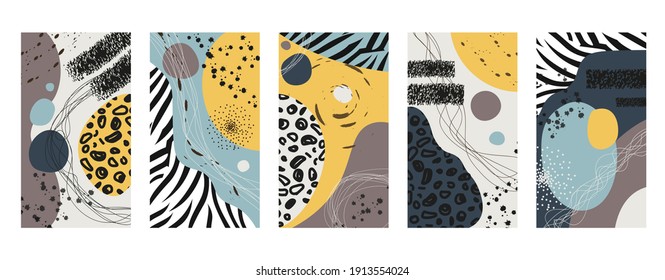 Vector set of abstract animal skin backgrounds for social media stories design, wall decoration pattern, modern poster, prints. Leopard, zebra, tiger abstract background illustrations