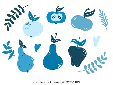 Vector set with abstract apples and pears, twigs of leaves, isolated element on a white background, fruits in a flat style. Illustrations for cafes, menus, packaging, postcards.