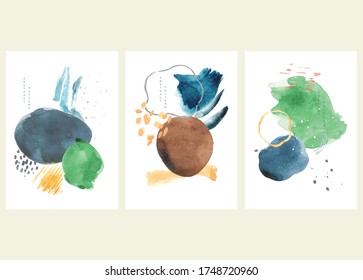 Vector set of abstract art background with contemporary template. Art acrylic elements. Watercolor stains texture illustration. Brush stroke decoration with collage wallpaper.