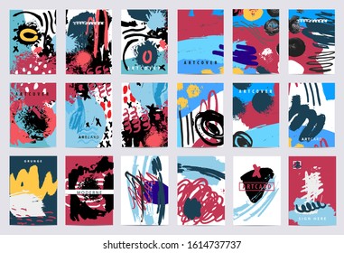 Vector set of abstract art cards, artictic abstract covers, backgrounds with hand drawn strokes, textures, paintings. Colorful splashes, textures
