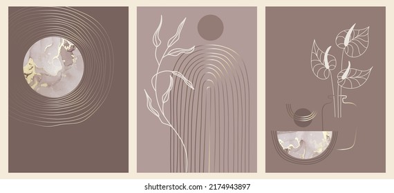 Vector set of abstract art compositions in brown tones. Hand-painted drawing, design for printing postcards, posters, covers, wall decorations, stories on social networks.