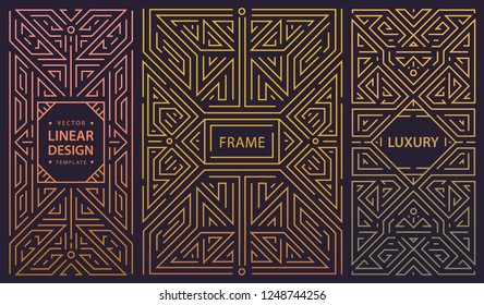 Vector set of abstract art deco frames. Linear modern style, monogram geometric banners, luxury packaging design, poster, inviation, cover, background