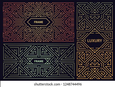 Vector set of abstract art deco frames. Linear modern style, monogram geometric banners, luxury packaging design, poster, inviation, cover, background