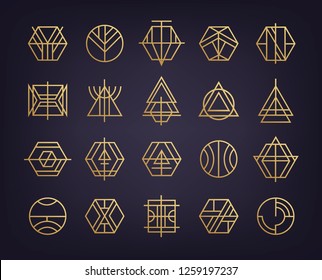 Vector set of abstract art deco retro logos, geometric golden shapes, linear, monogam style. Luxury