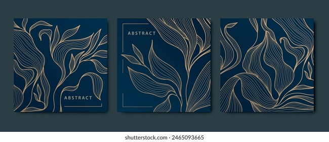 Vektorgrafik-Set von abstrakten Kunstblättern, luxuriöse Naturmuster, Linien-Blatt-Texturen. Blumendesign, moderner floraler Bildschirmhintergrund, quadratische Tropenkarten. 