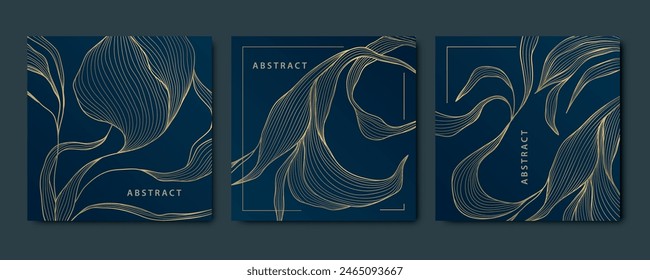 Vector set of abstract art leaves, luxury nature patterns, line leaf textures. Flower design, modern floral wallpaper, square tropical cards. 