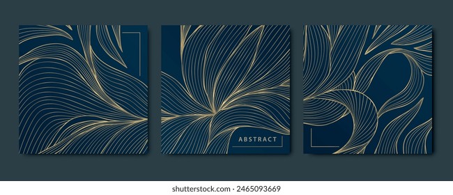 Vector set of abstract art leaves, luxury nature patterns, line leaf textures. Flower design, modern floral wallpaper, square tropical cards. 
