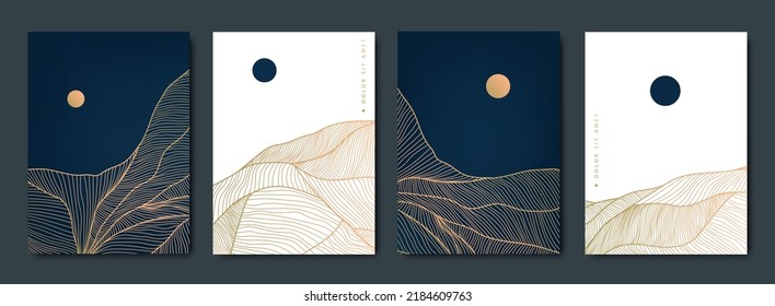 Vector set of abstract art wavy backgrounds, covers, banners in Japanese style. Mountiain, sea, water line scapes with sun, moon. Golden luxury wall art 