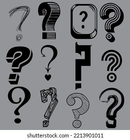 Vector set of abstract artistic calligraphic question marks, collection of black graphic multiple puncuation signs. 