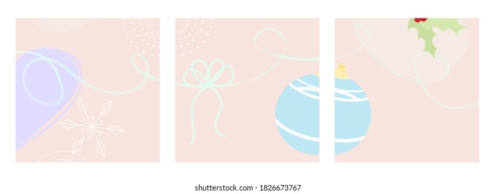 Vector set of abstract background design with snowflakes, christmas ball, pine cone and empty place for text. Template for banner, greeting card, party invitation, post in social media, mailing, flyer