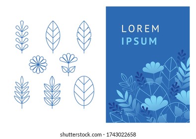 Vector set of abstract background with floral design elements - flowers and leaves. Flat illustration. 