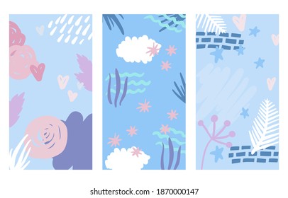 Vector set of abstract background templates, organic shapes and graphics. Social media stories design wallpapers with copy space for text