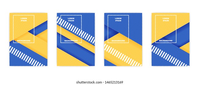 Vector set of abstract background texture, Annual report cover, Polka dot pattern, Book cover design, Paper cut style, Yellow and blue stripes and shapes, vector illustration.