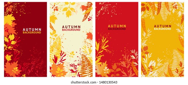 Vector set of abstract backgrounds - autumn sale - bright banners, posters, cover design templates, social media wallpaper stories with yellow and orange leaves