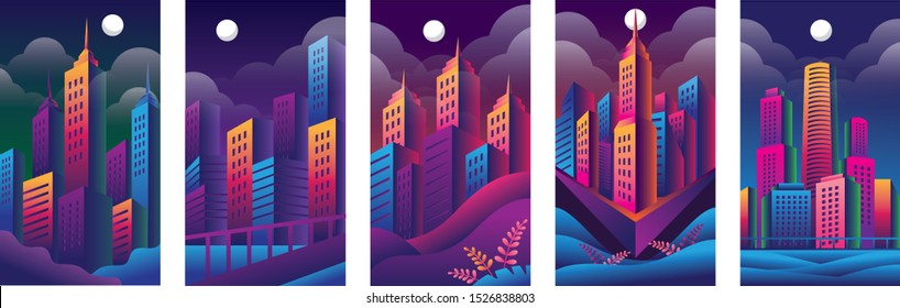 Vector set of abstract backgrounds - bright vibrant banners, posters, cover design templates, social media stories wallpapers with building