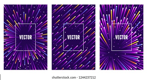 Vector set of abstract backgrounds with copy space for text - bright vibrant banners, posters, cover design templates with burst shape and rays - greeting card designs
