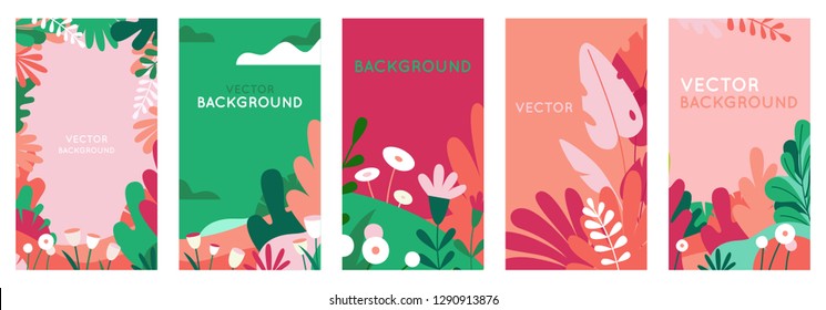 Vector set of abstract backgrounds with copy space for text - bright vibrant banners, posters, cover design templates, social media stories wallpapers with spring leaves and flowers - Shutterstock ID 1290913876