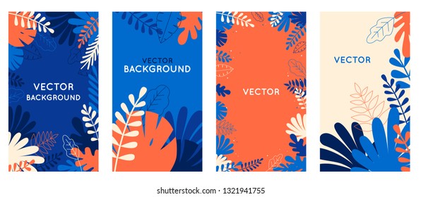 Vector set of abstract backgrounds with copy space for text - bright vibrant banners, posters, cover design templates, social media stories wallpapers with spring leaves and flowers