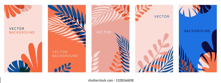 Vector set of abstract backgrounds with copy space for text, leaves and plants - vibrant banners in red and blue colors - cover design templates, social media stories wallpapers in minimal style