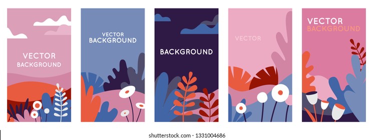 Vector set of abstract backgrounds with copy space for text - bright vibrant banners, posters, cover design templates, social media stories wallpapers with spring leaves and flowers