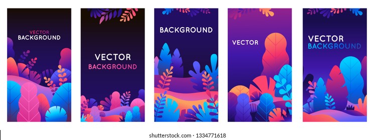 Vector set of abstract backgrounds with copy space for text - bright vibrant banners, posters, cover design templates, social media stories wallpapers with leaves 