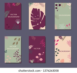 Vector set of abstract backgrounds with copy space for text - bright vibrant banners, cover design templates,  posters, social media stories wallpapers with spring leaves and flowers.