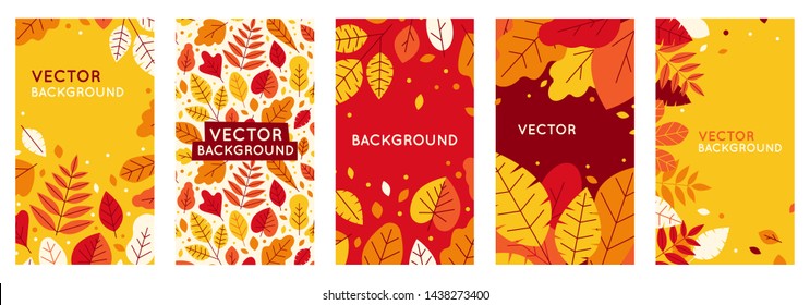 Vector set of abstract backgrounds with copy space for text - autumn sale - bright vibrant banners, posters, cover design templates, social media stories wallpapers with yellow and orange leaves