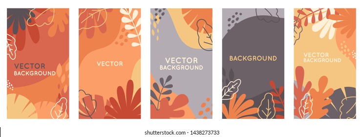 Vector set of abstract backgrounds with copy space for text - autumn sale - bright vibrant banners, posters, cover design templates, social media stories wallpapers with yellow and orange leaves