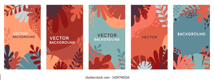 Vector set of abstract backgrounds with copy space for text - autumn sale - bright vibrant banners, posters, cover design templates, social media stories wallpapers with yellow and orange leaves