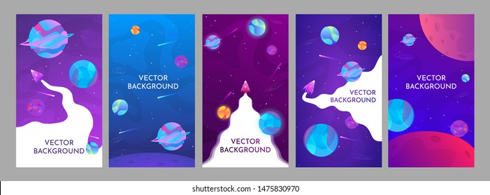 Vector set of abstract backgrounds with copy space for text - space banners, posters, cover design templates, social media stories wallpapers with abstract fluid planets and rocket.