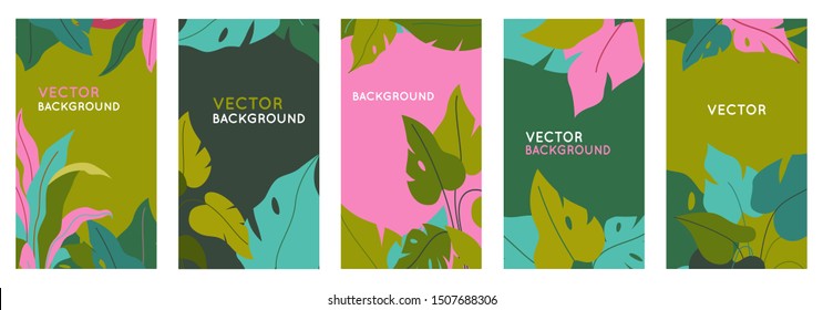 Vector set of abstract backgrounds with copy space for text - bright vibrant banners, posters, cover design templates, social media stories wallpapers with tropical leaves and plants