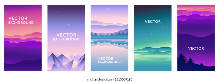 Vector set of abstract backgrounds with copy space for text and bright vibrant gradient colors - landscape with mountains and hills  - vertical banners and background for  social media stories, banner