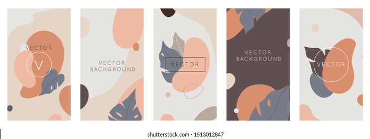 Vector set of abstract backgrounds with copy space for text - bright vibrant banners, posters, cover design templates, social media stories wallpapers with tropical leaves and plants