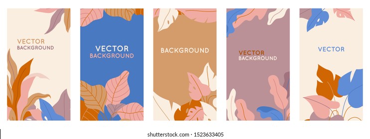 Vector set of abstract backgrounds with copy space for text - bright vibrant banners, posters, cover design templates, social media stories wallpapers with tropical leaves and plants