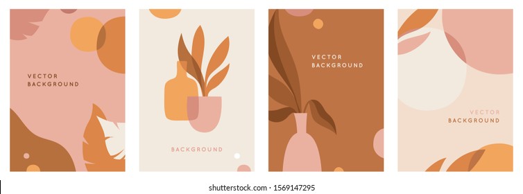 Vector set of abstract backgrounds with copy space for text - bright vibrant banners, posters, cover design templates, social media stories wallpapers with tropical leaves and plants