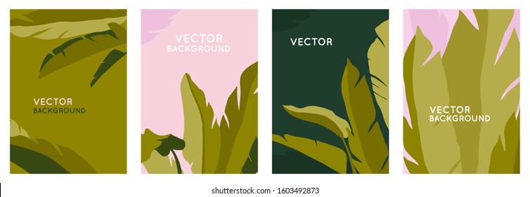 Vector set of abstract backgrounds with copy space for text, leaves and plants - bright vibrant banners in green colors, posters, packaging cover design templates