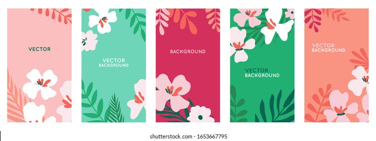 Vector set of abstract backgrounds with copy space for text - bright vibrant banners, posters, cover design templates, social media stories wallpapers with spring leaves and flowers