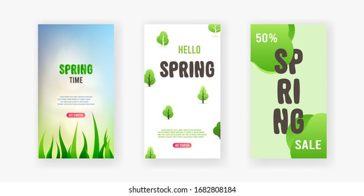 Vector set of abstract backgrounds with copy space for text - bright vibrant banners, posters, cover design templates with spring grass and trees