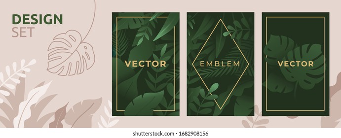 Vector set of abstract backgrounds with copy space for text, leaves and plants - bright vibrant banners in green colours, posters, packaging cover design templates, social media stories wallpapers 