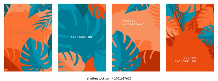 Vector tập hợp các nền trừu tượng với không gian sao chép cho văn bản - sáng rực rỡ biểu ngữ, áp phích, bìa thiết kế mẫu, truyền thông xã hội câu chuyện hình nền với lá nhiệt đới và thực vật trong đơn giản tối thiểu