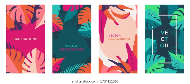 Vector set of abstract backgrounds with copy space for text - bright vibrant banners, posters, cover design templates, social media stories wallpapers with tropical leaves and plants in minimal simple