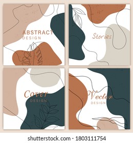 Vector set of abstract backgrounds with copy space for text - bright vibrant banners, posters, cover design templates, social media stories wallpapers with tropical leaves and plants