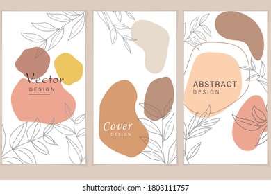 Vector set of abstract backgrounds with copy space for text - bright vibrant banners, posters, cover design templates, social media stories wallpapers with tropical leaves and plants