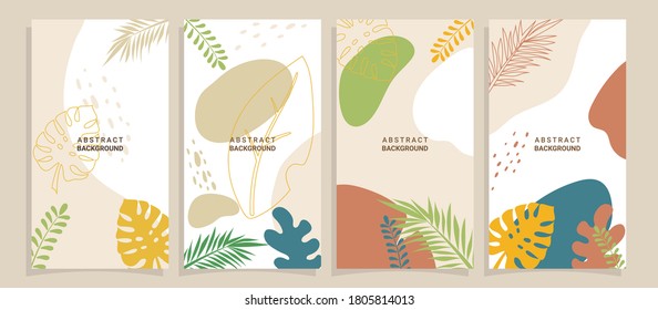 Vector set of abstract backgrounds with copy space for text - bright vibrant banners, posters, cover design templates, social media stories wallpapers with summer leaves