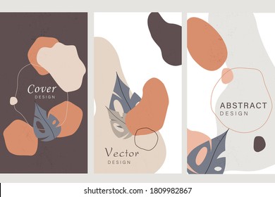 Vector set of abstract backgrounds with copy space for text - bright vibrant banners, posters, cover design templates, social media stories wallpapers with tropical leaves and plants