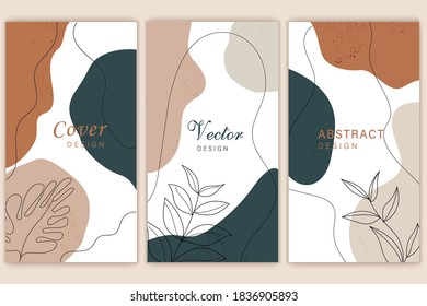 Vector set of abstract backgrounds with copy space for text - bright vibrant banners, posters, cover design templates, social media stories wallpapers with tropical leaves and plants