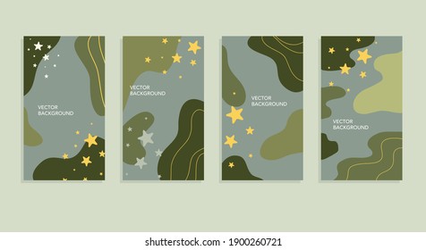 Vector set of abstract backgrounds with copy space for text - bright banners, posters, cover templates, wallpaper for social media stories in military style. Defender of the Fatherland Day.