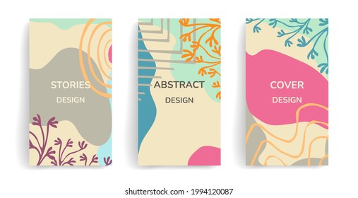 Vector set of abstract backgrounds with copy space for text - summer vibrant banners, posters, cover design templates, social media storytelling wallpapers with leaves and flowers. Stylish color