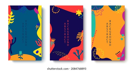Vector set of abstract backgrounds with a copy of the text space - bright bright banners, posters, cover design templates, wallpapers for stories from social networks with unusual plants and flowers.
